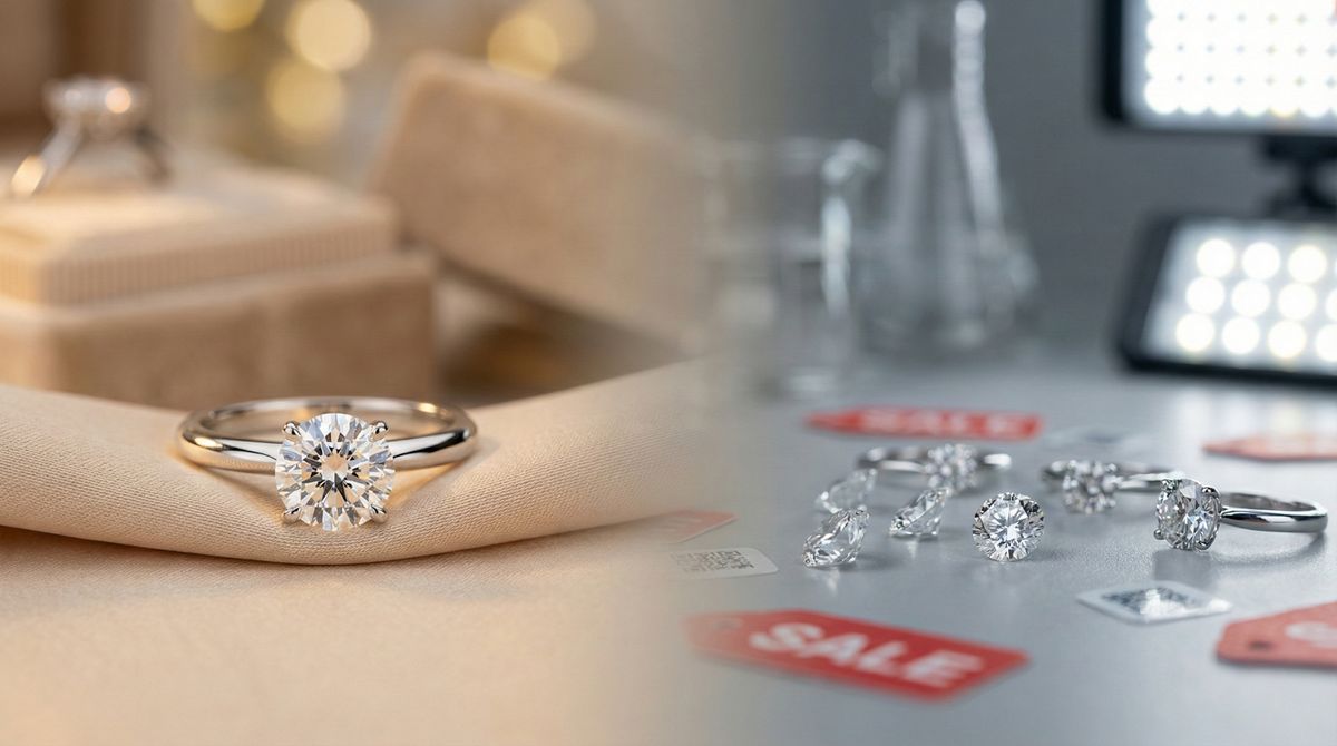 Diamond rings and loose stones with sale tags