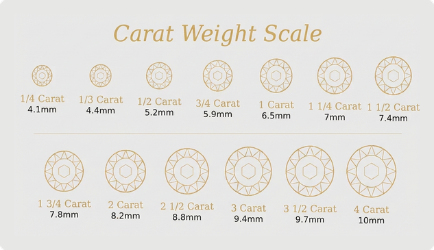 Scale chart showing diamond diameters in millimeters by carat weight