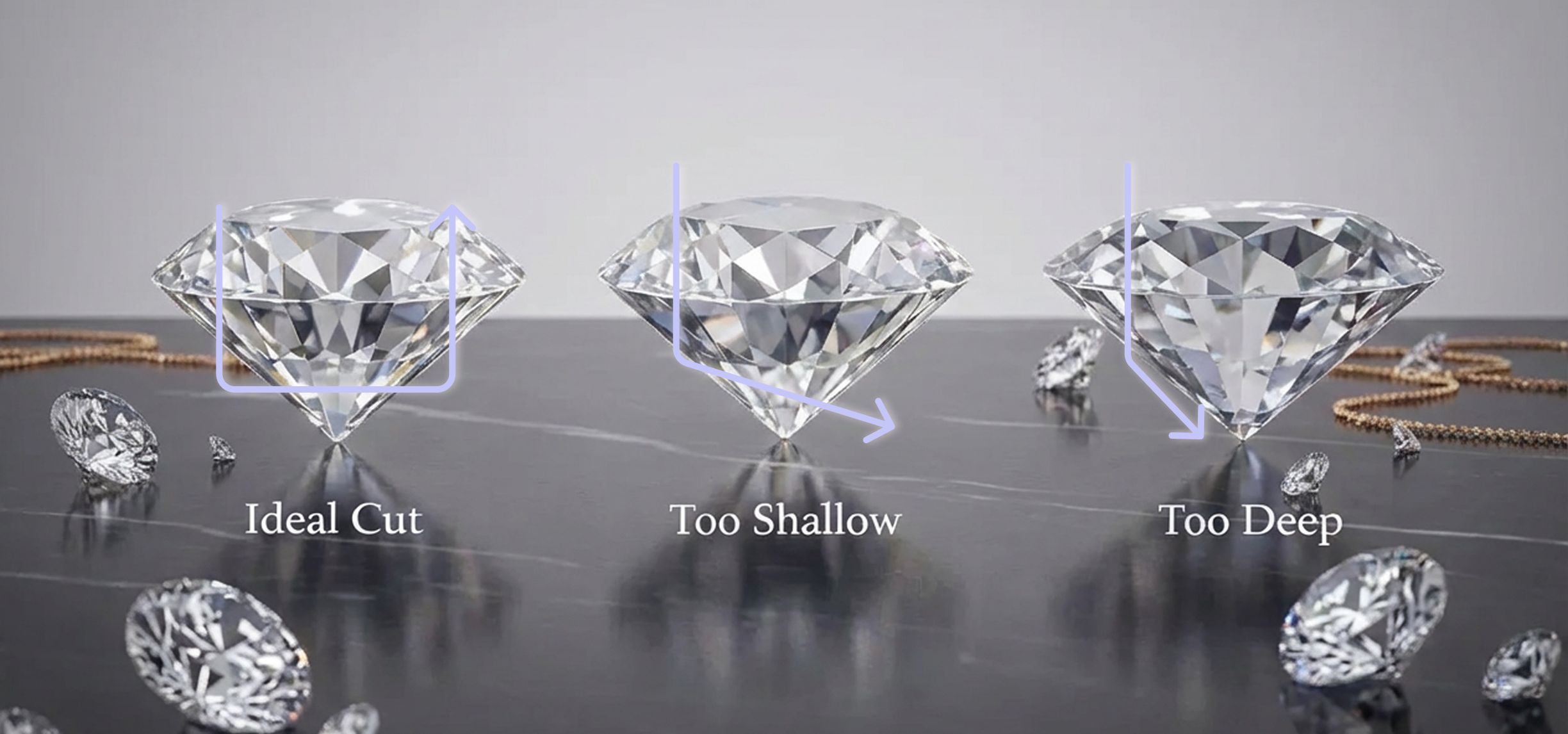 Comparison of ideal, shallow, and deep diamond cuts