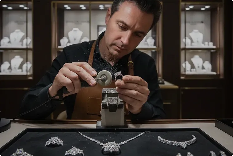 Professional jeweler servicing jewelry
