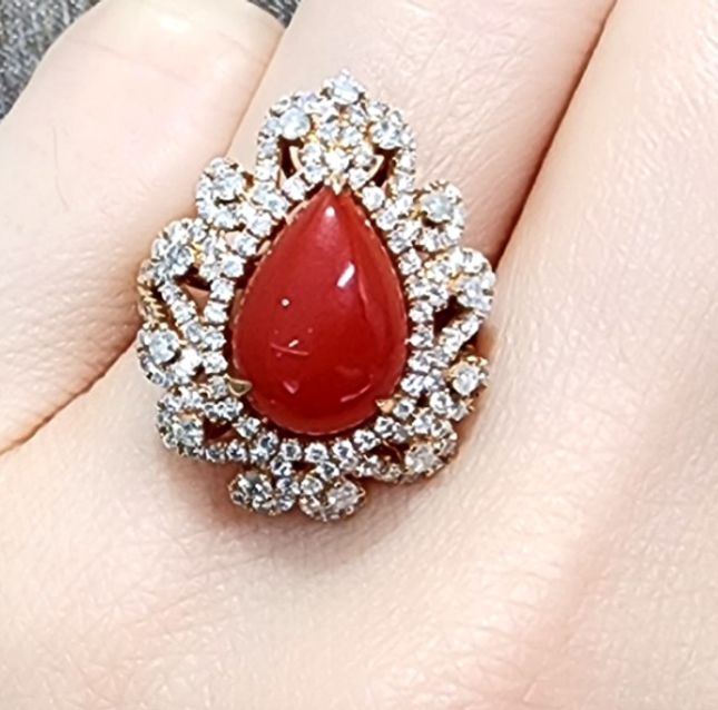Historic 18KT Rose Gold Natural Red Coral Ring
