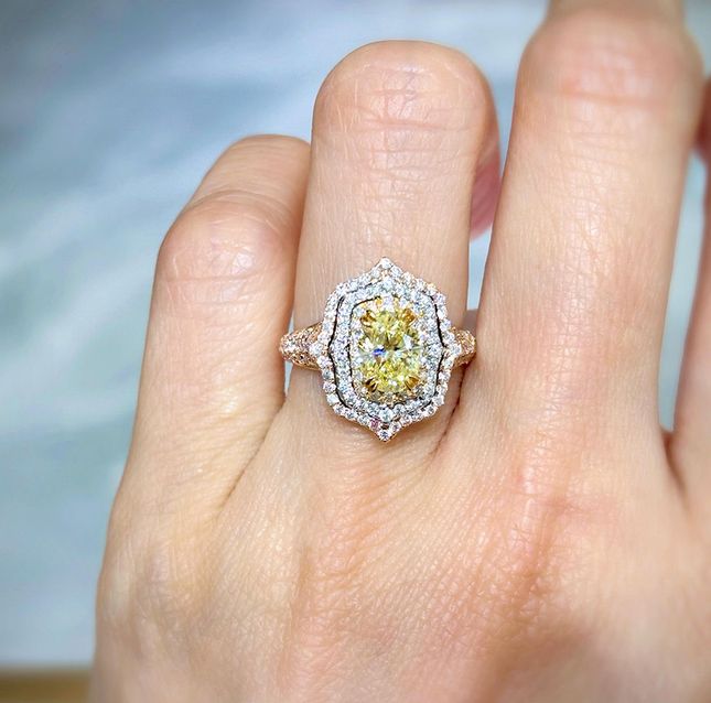 Oval Fancy Yellow Diamond Double Halo Ring | GEMGEM