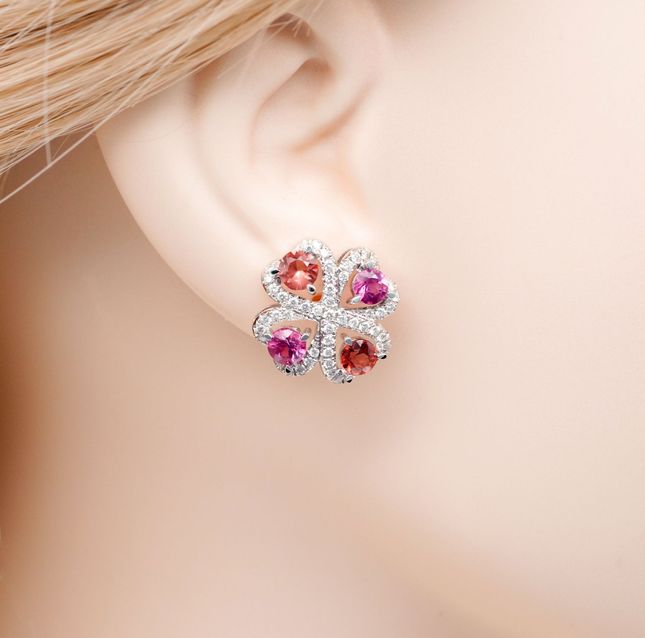 White Gold Multi-Color Gemstone Flower Diamond Stud Earrings