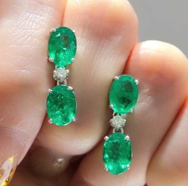 Queen Jewel 18KT White Gold Emerald & Diamond Earrings