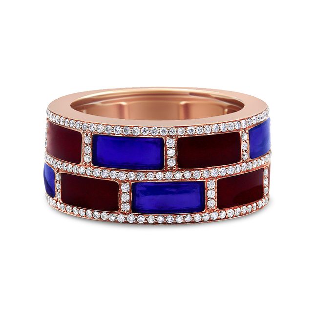 Red & Blue Enamel Diamond Band 18K Rose Gold Ring