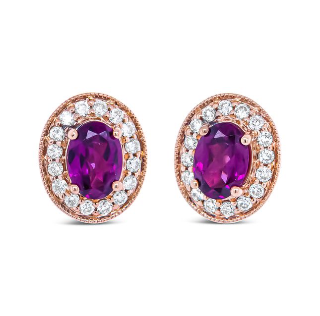 Diamond Garnet Halo Stud 14K Rose Gold Earrings