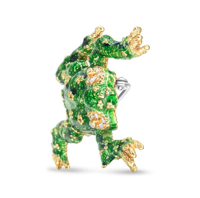 Diamond Green Frog Brooch 18K Yellow Gold