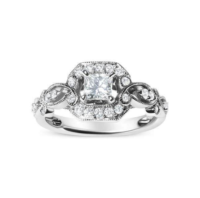 14K White Gold Diamond Halo Woven Ring