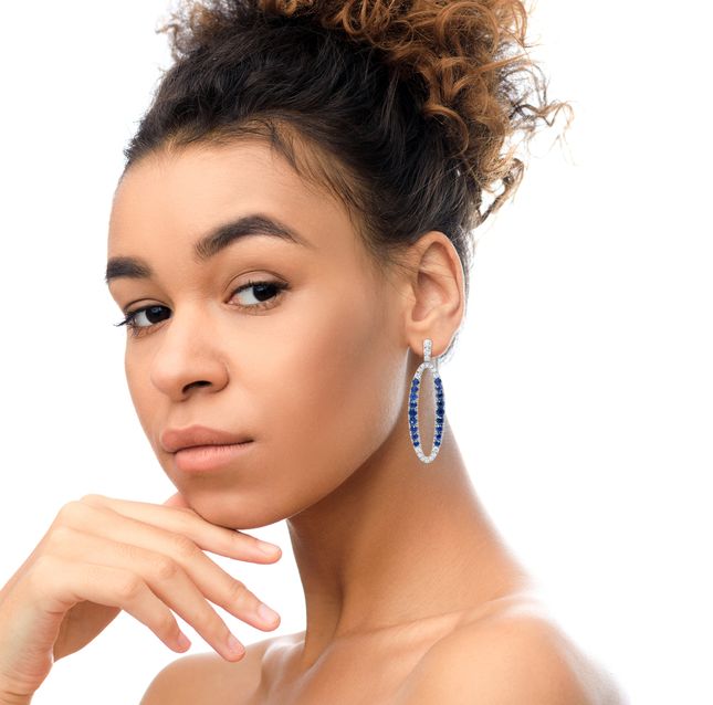 Blue Diamond & Sapphire Hoops 18K WG Earrings