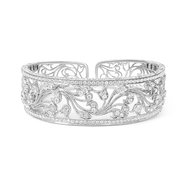 Floral Filigree Diamond Cuff 18K White Gold Bracelet