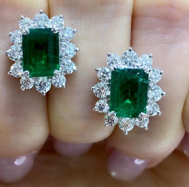 Intense Green Emerald & Diamond 18K White Gold Earrings