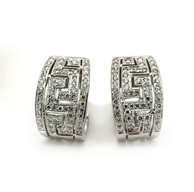 Greek White Gold Diamond Hoop Earrings