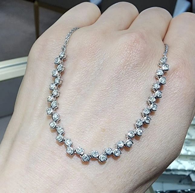 18K White Gold Diamond Necklace, Delicate Round Design