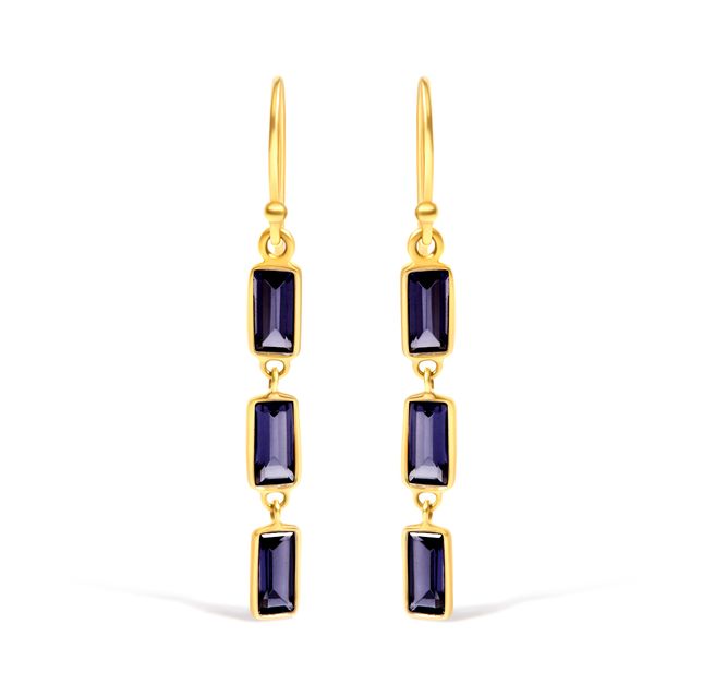 18K Gold Bezel Purple Iolite Dangle Earrings